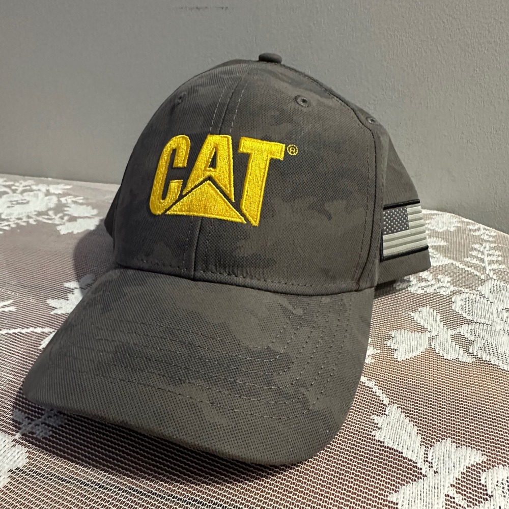 CAT Caterpillar Grey Camo Mesh Back Trucker Hat American Flag Patch Norscot